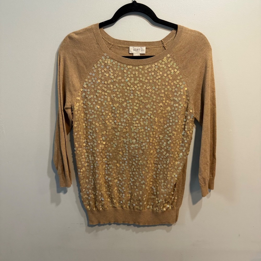 Ann Taylor LOFT Petites Tan Sequin Front‎ 3/4 Sleeve Sweater SP Camel Gold Knit